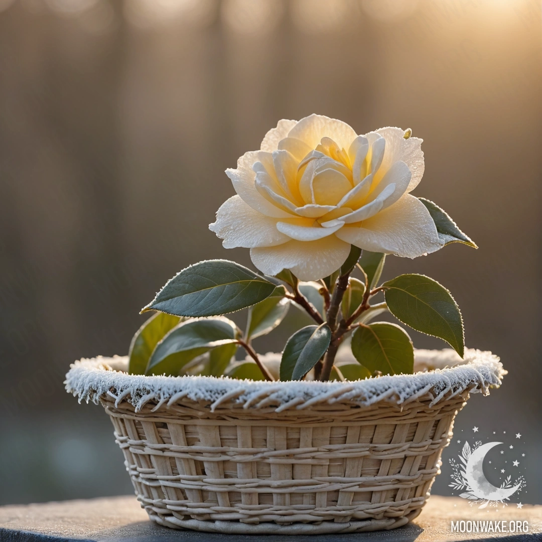 Кремово-желтая камелия в корзине, лежащая на морозе при закате.
