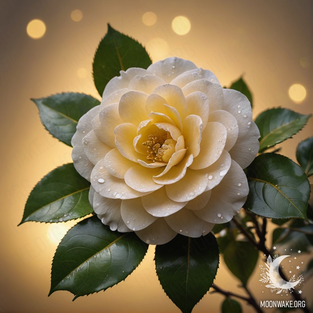 Нежный цветок камелии в тумане на закате, украшенный пайетками.