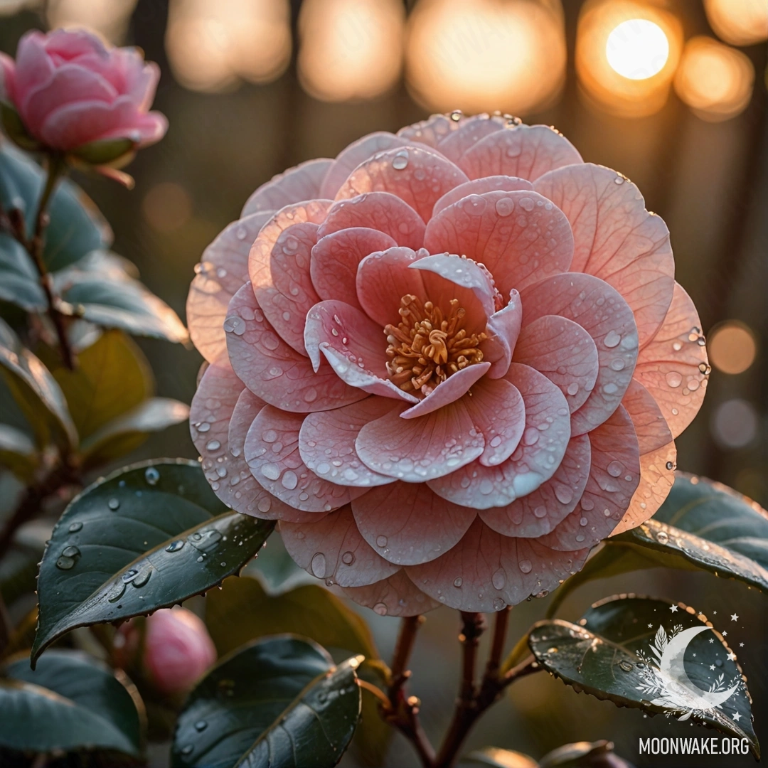 Минималистская камелия с каплями росы на закате, отражающая цвета моря.