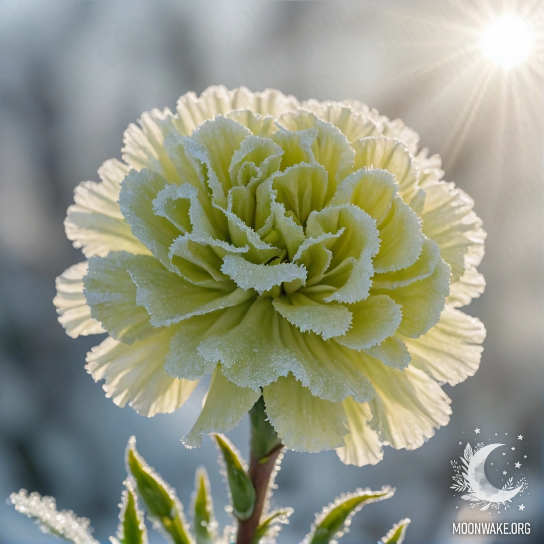 Нежная гвоздика, украшенная инеем, озарена солнечными лучами.