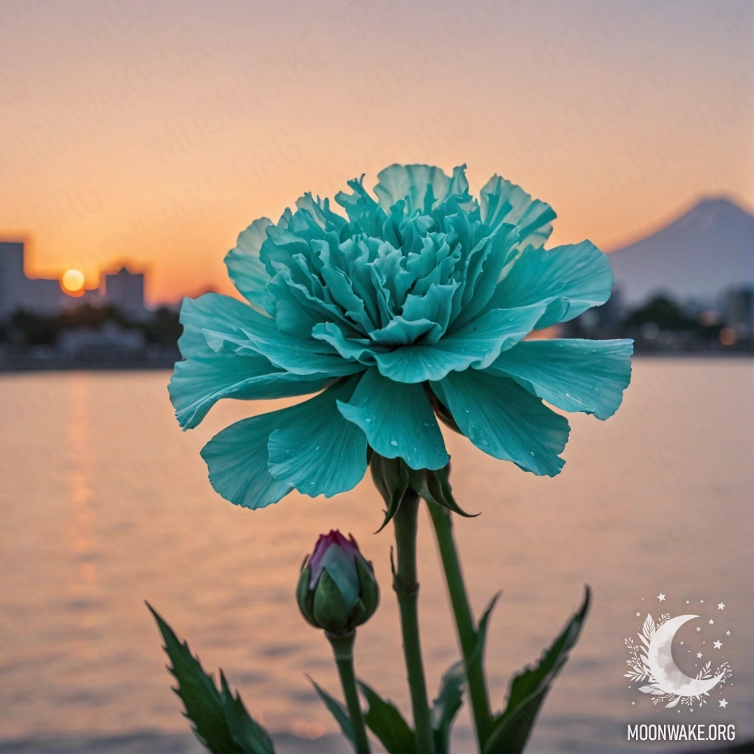 Минималистичное изображение гвоздики на фоне заката в аквамариновых тонах.