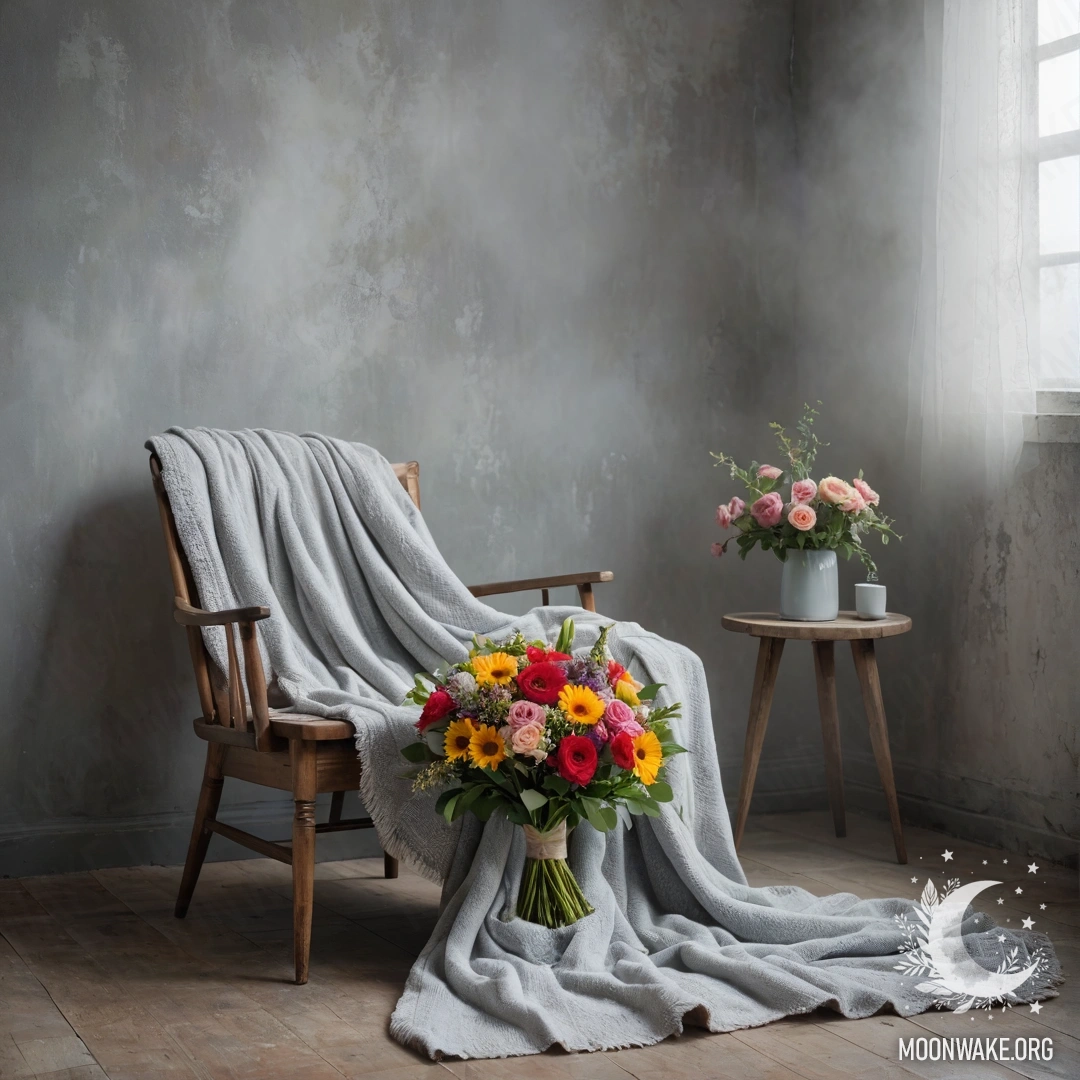 Минималистичное кресло с пледом и букетом цветов на нем, на фоне потрескавшейся стены в густом тумане.