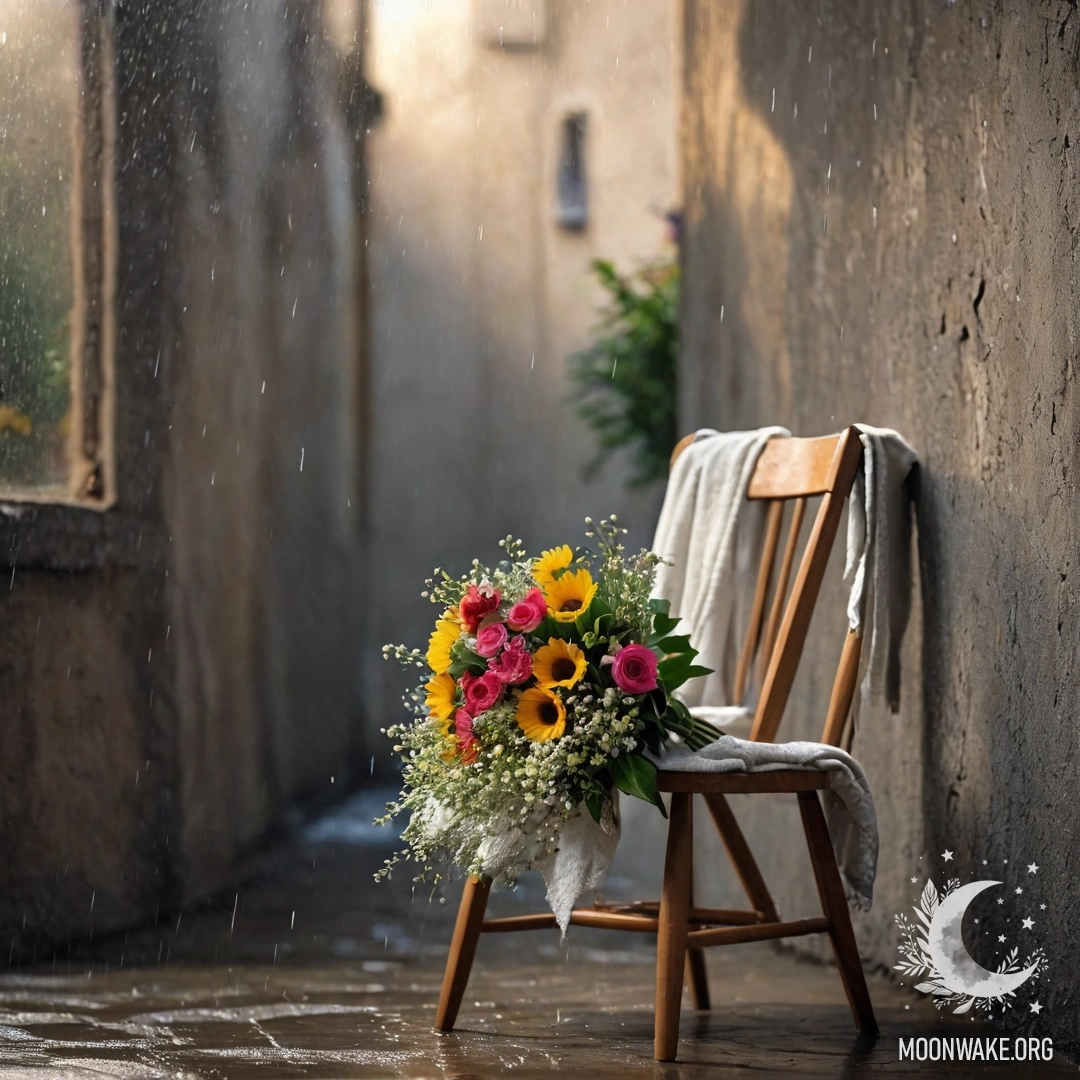 Минималистичная сцена: стул с пледом и букетом цветов на нем, на фоне обветшавшей стены под дождем.