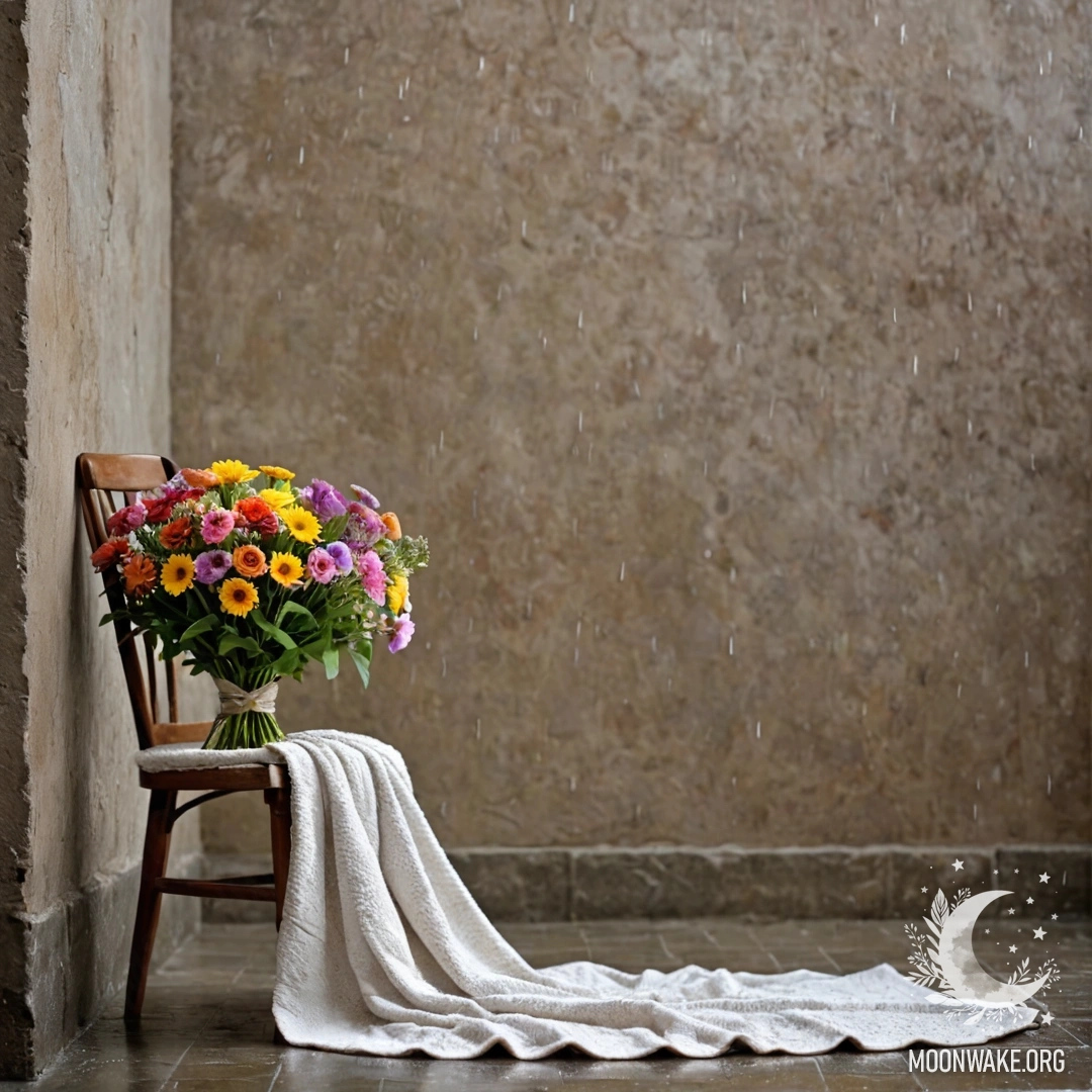 Минималистичный стул с пледом и букетом цветов на нем, на фоне обшарпанной стены, на которую падают капли дождя.