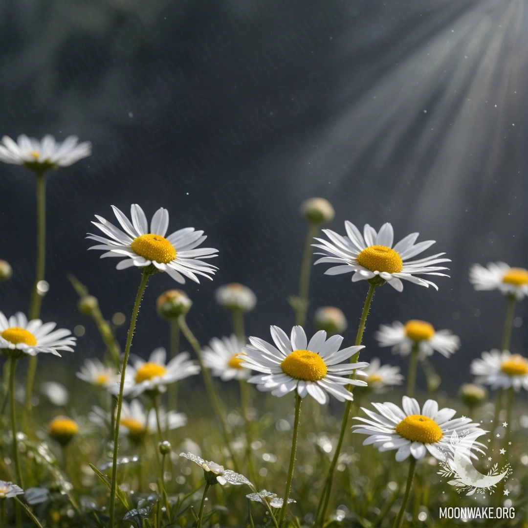 Нежная ромашка, окруженная туманом и солнечными лучами с красными стразами.
