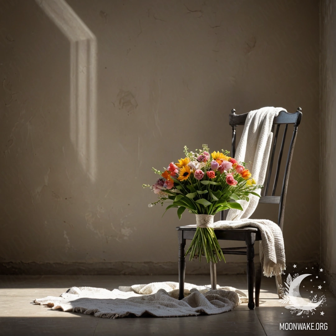 Минималистичная сцена с椅кой, на которой лежит плед и букет цветов, на фоне потрепанной стены, залитой солнечными лучами.