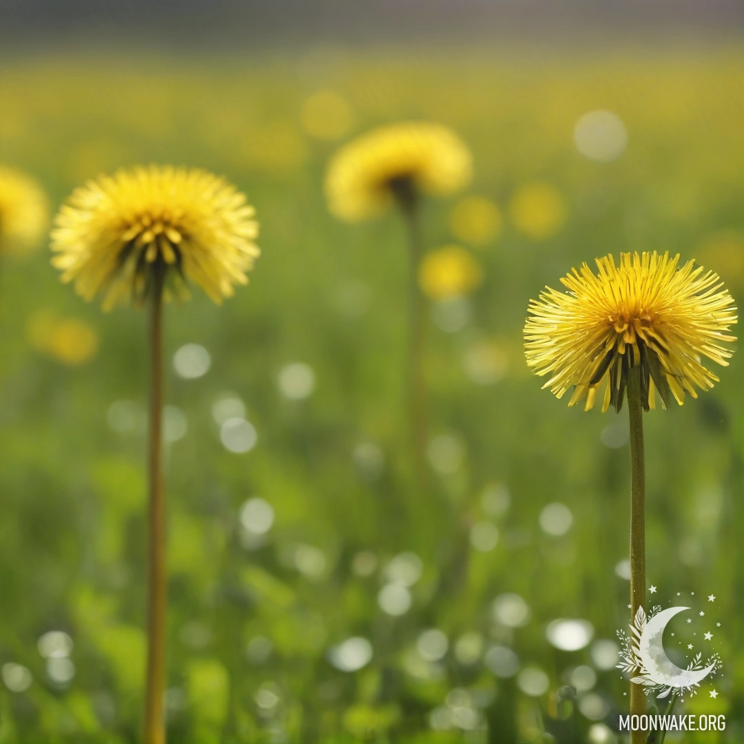 Крупный план одуванчиков на фоне размытых полевых цветов под солнечными лучами.