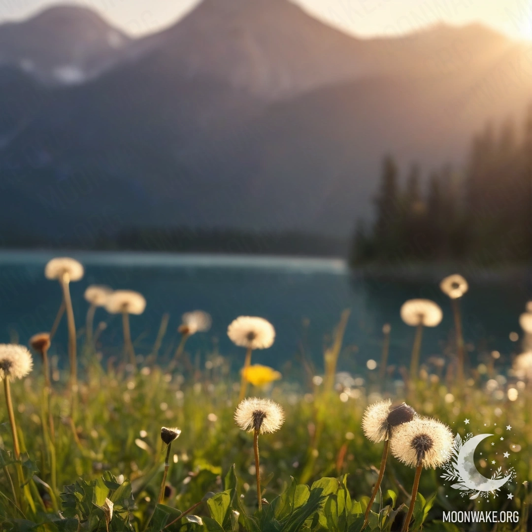 Крупный план одуванчиков на размытом фоне горного озера на закате.