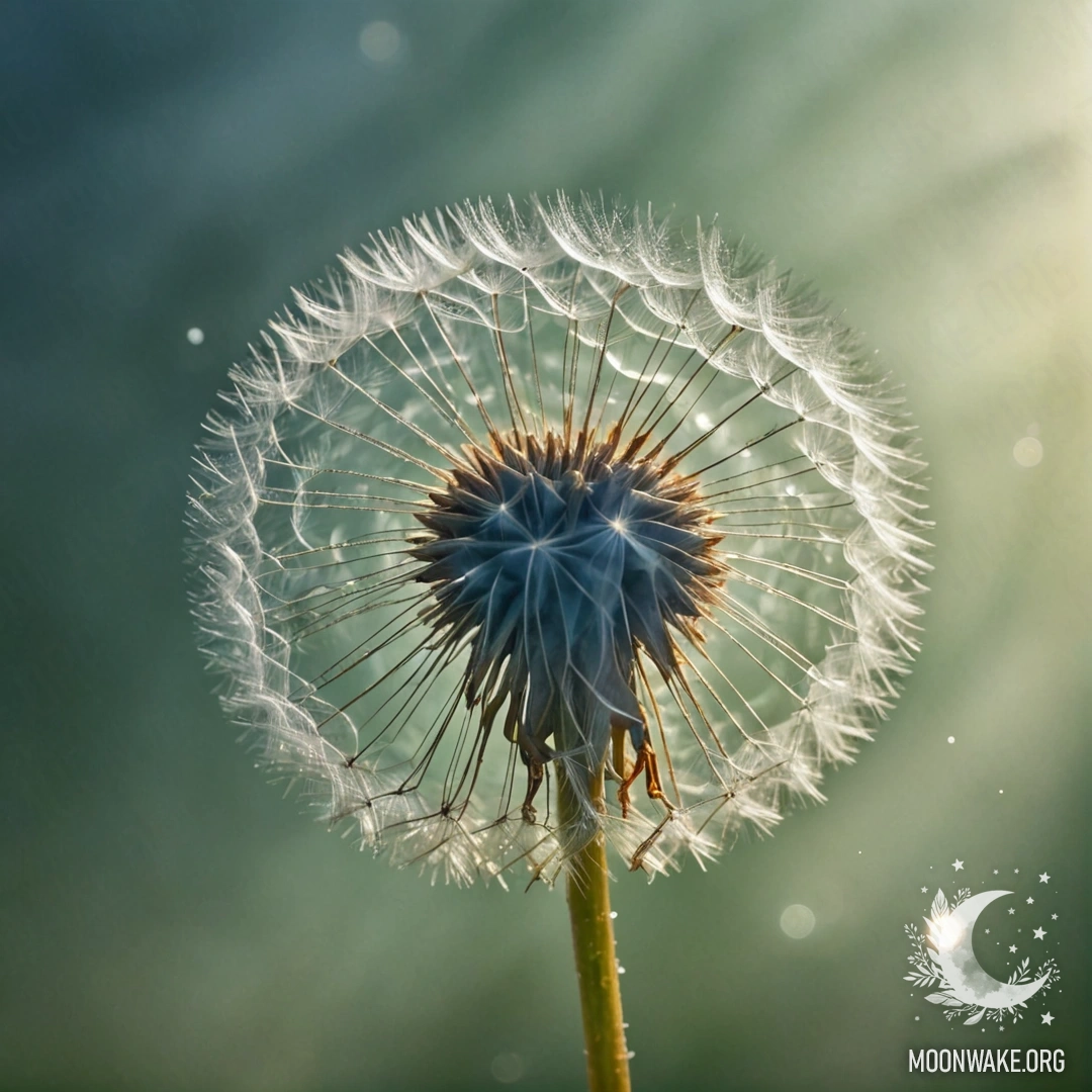 Нежный одуванчик, погружённый в туман, с солнечными лучами и блеском.