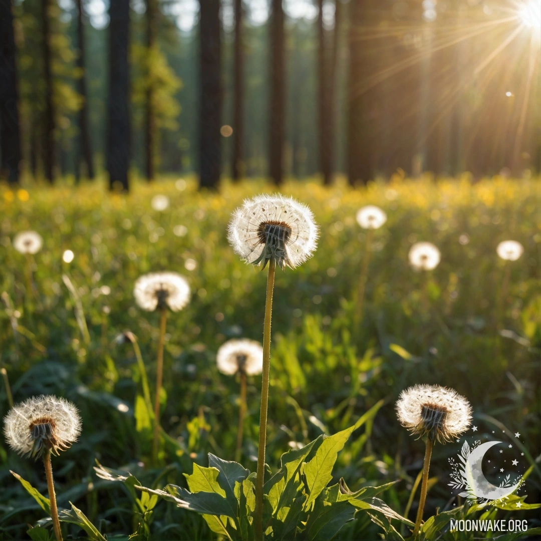 Крупный план одуванчиков на поле с размытым фоном леса и солнечными лучами.