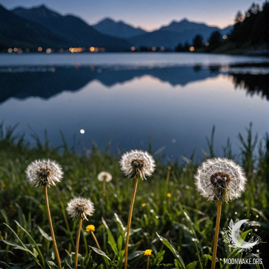 Крупный план одуванчиков на поле с размытым горным озером на фоне