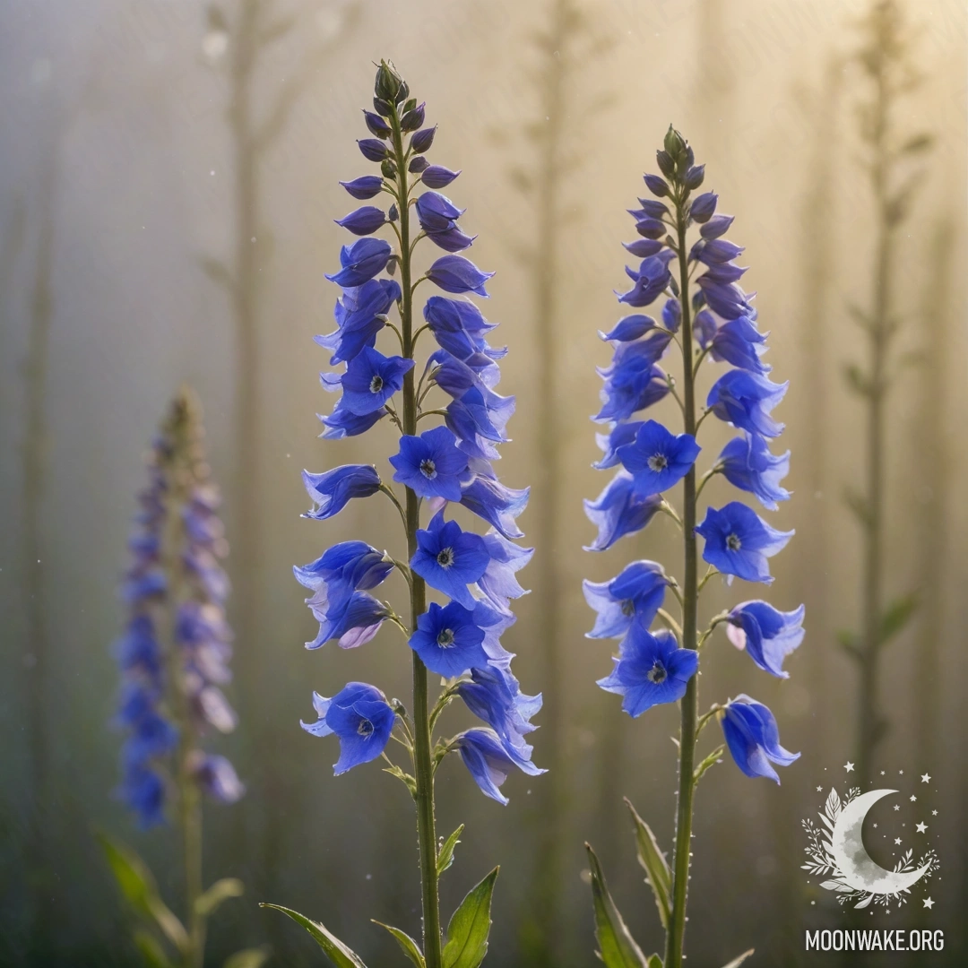 Нежный цветок делфиниума, окутанный туманом, с солнечными лучами, его освещающими.