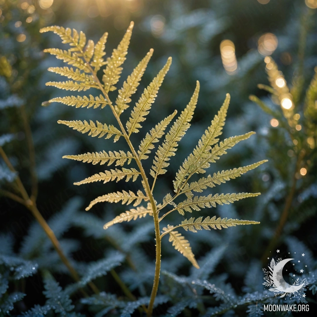 Минималистичный папоротник, покрытый инеем на закате, с блестящими деталями.