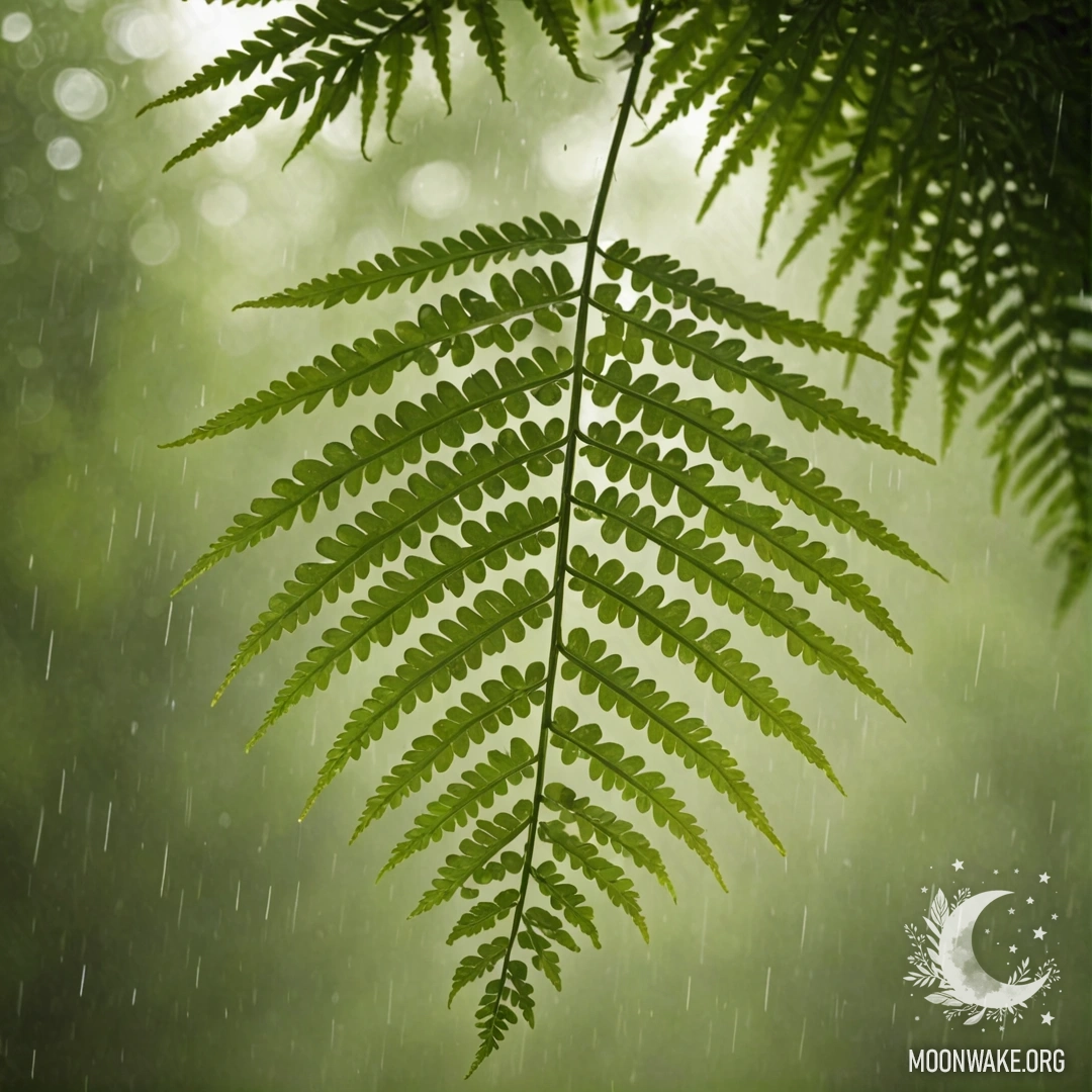 Папоротник в оливковой корзине, окруженный каплями дождя и солнечными лучами.