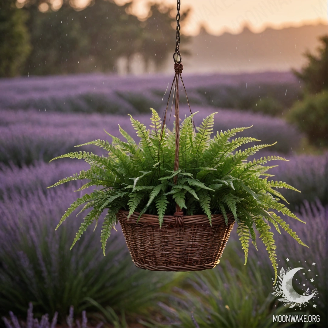 Минималистичный папоротник в корзине лавандового цвета под дождем на закате.