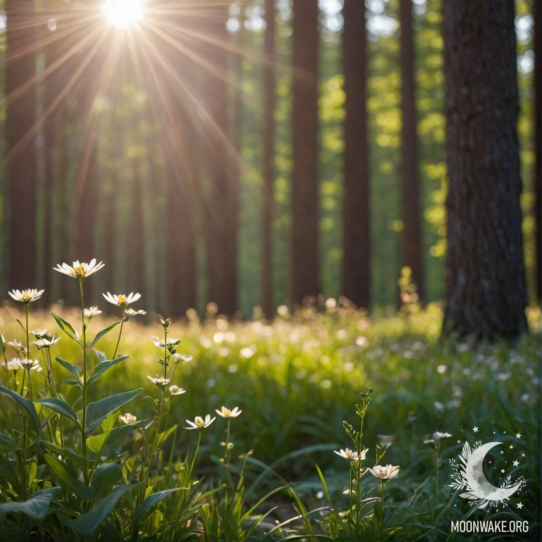 Крупный план полевых цветов на фоне размытости леса и солнечных лучей.