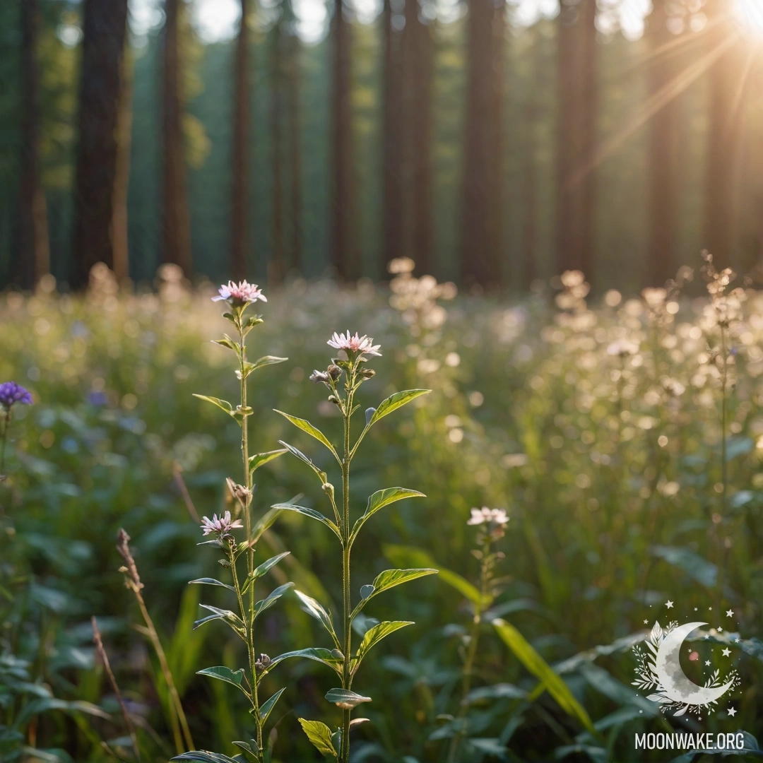 Крупный план нежных полевых цветов на фоне размытого леса с мягкими бликами света.