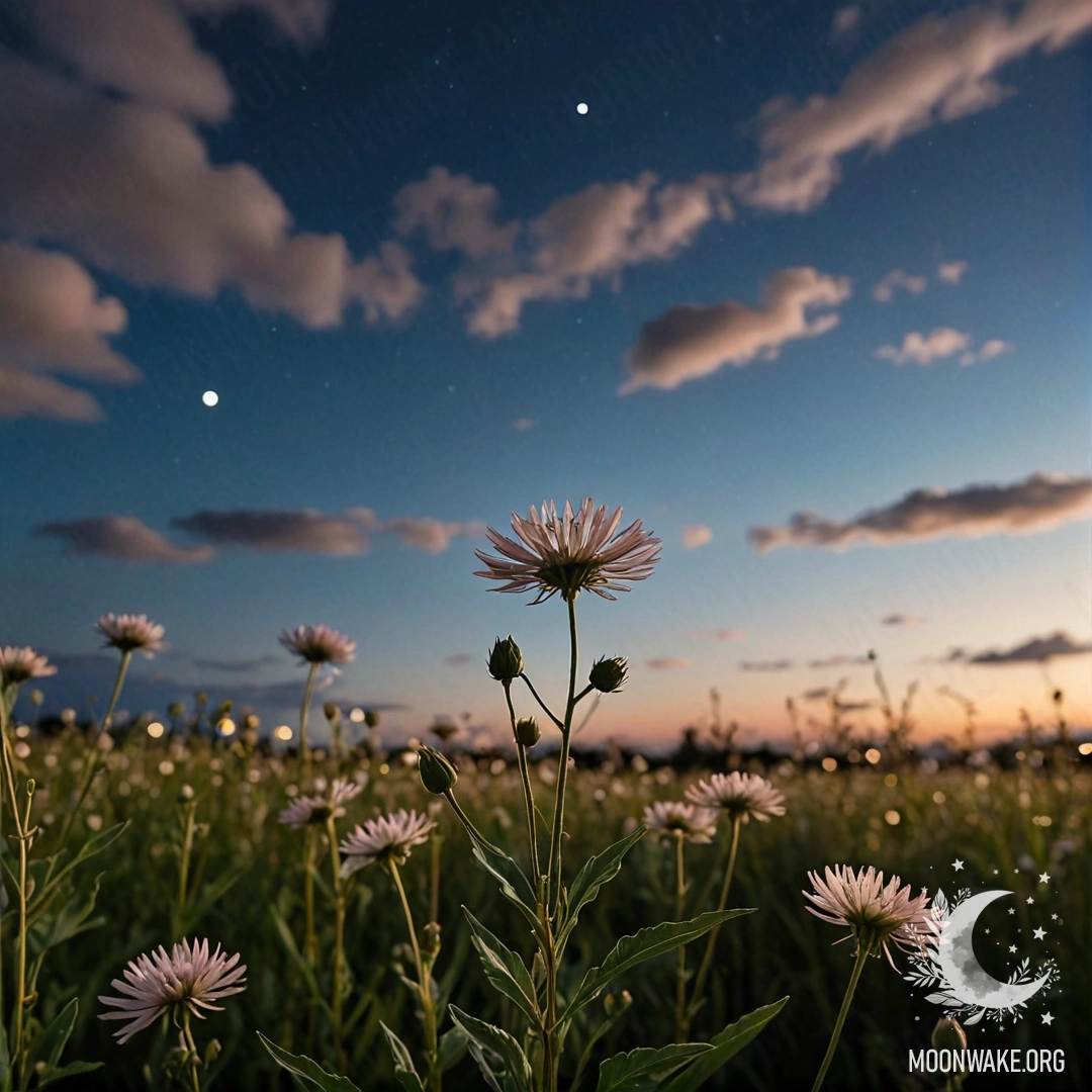 Крупный план нежных полевых цветов на фоне размытого ночного неба с облаками.