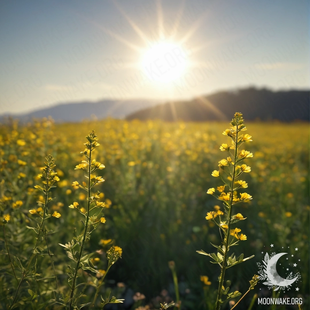 Крупный план разноцветных полевых цветов на фоне размытого неба с солнечными лучами.