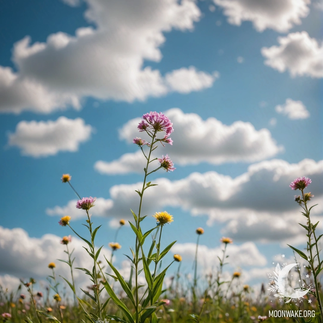 Крупный план тонких полевых цветов на фоне мечтательного боке неба.
