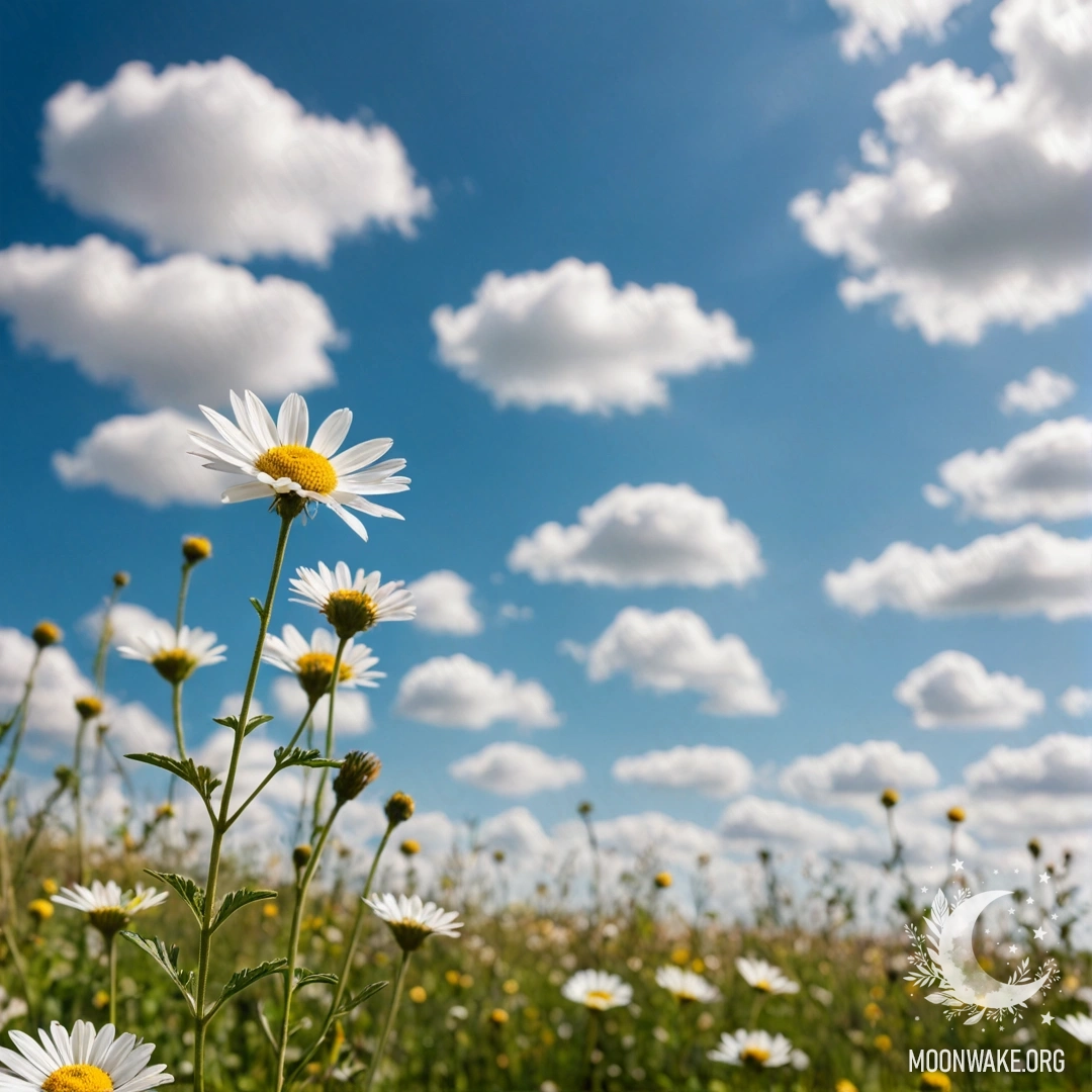 Крупный план ярких полевых цветов на фоне размытого неба с облаками.
