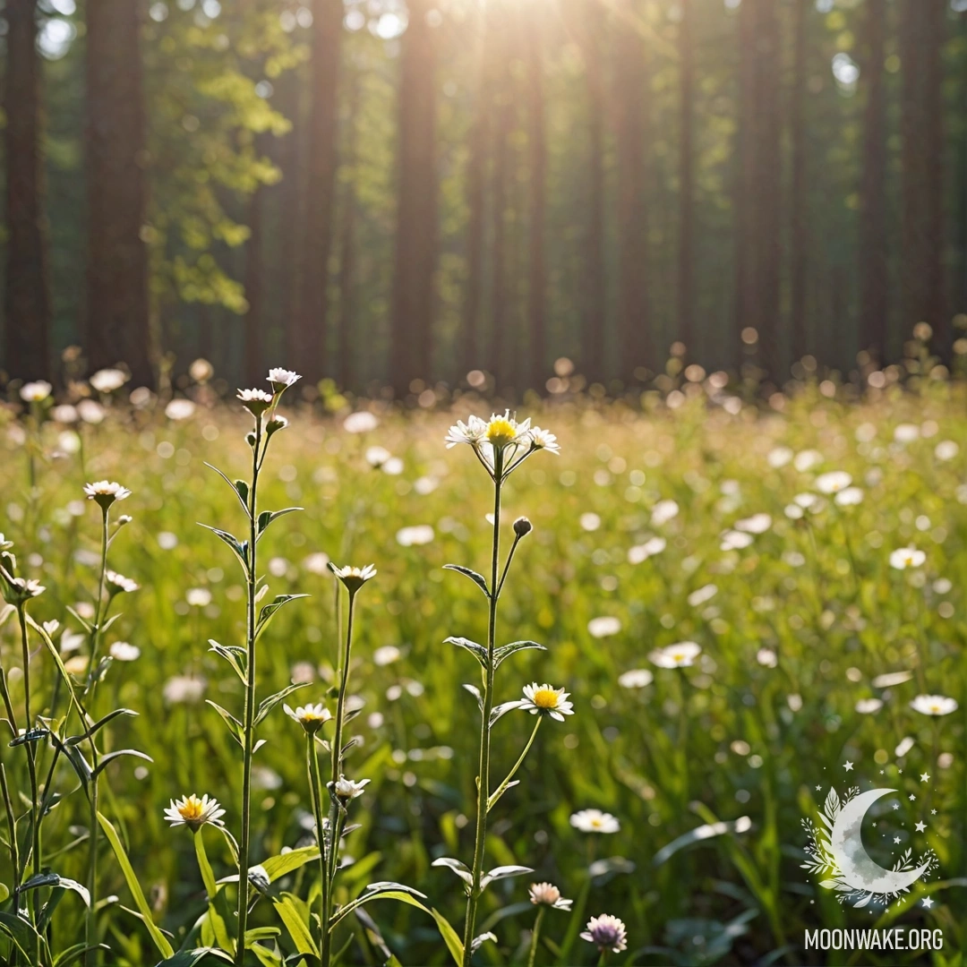 Крупный план цветных полевых цветов на размытом фоне леса в солнечный день.