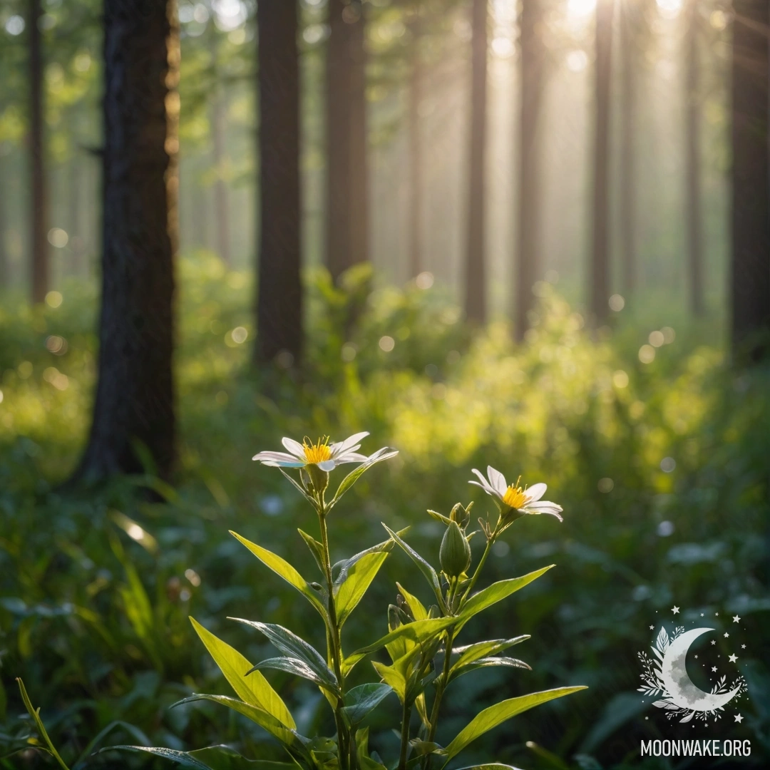 Крупный план полевых цветов с солнечными лучами и размытым фоном леса.