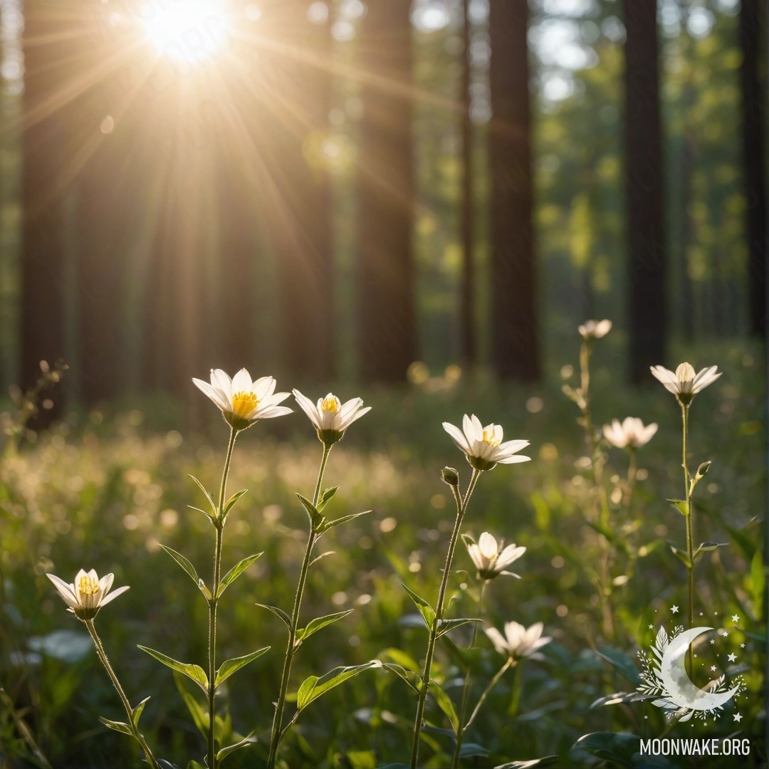 Крупный план нежных полевых цветов в минималистичном стиле на фоне размытого леса с солнечными бликами.