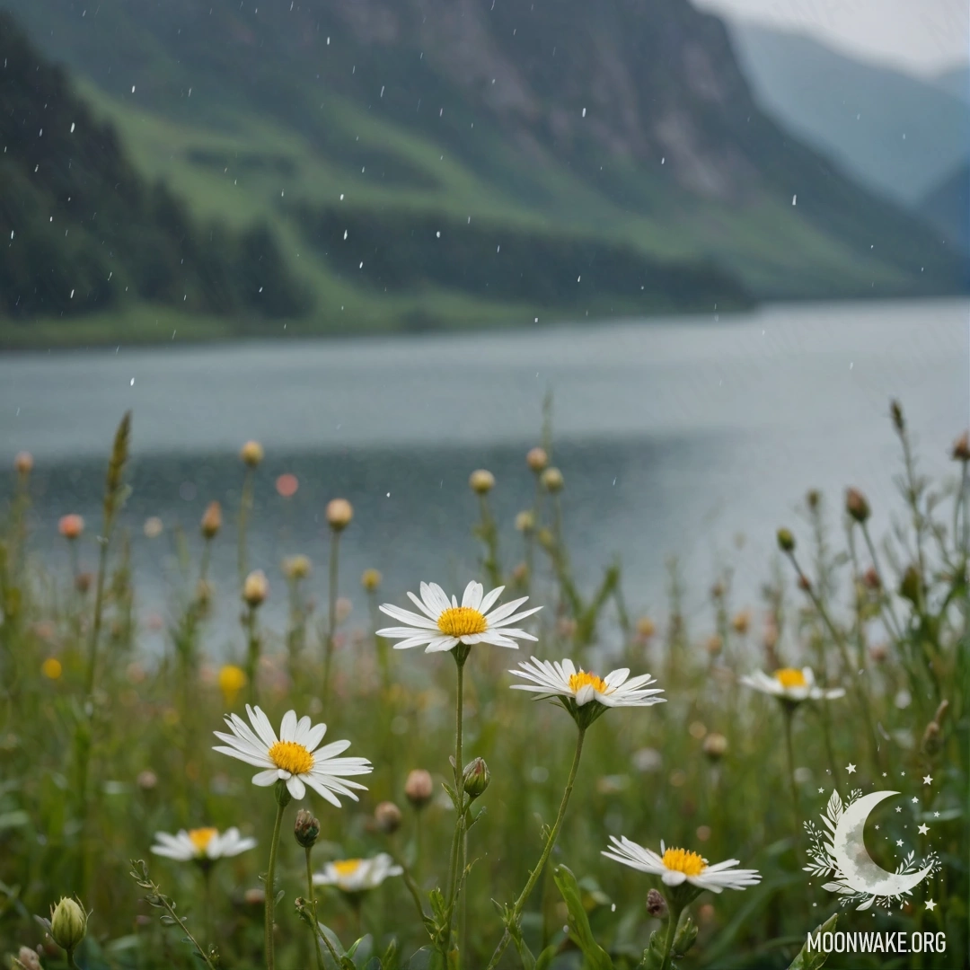Крупный план минималистских полевых цветов на фоне размытого горного озера под дождем.