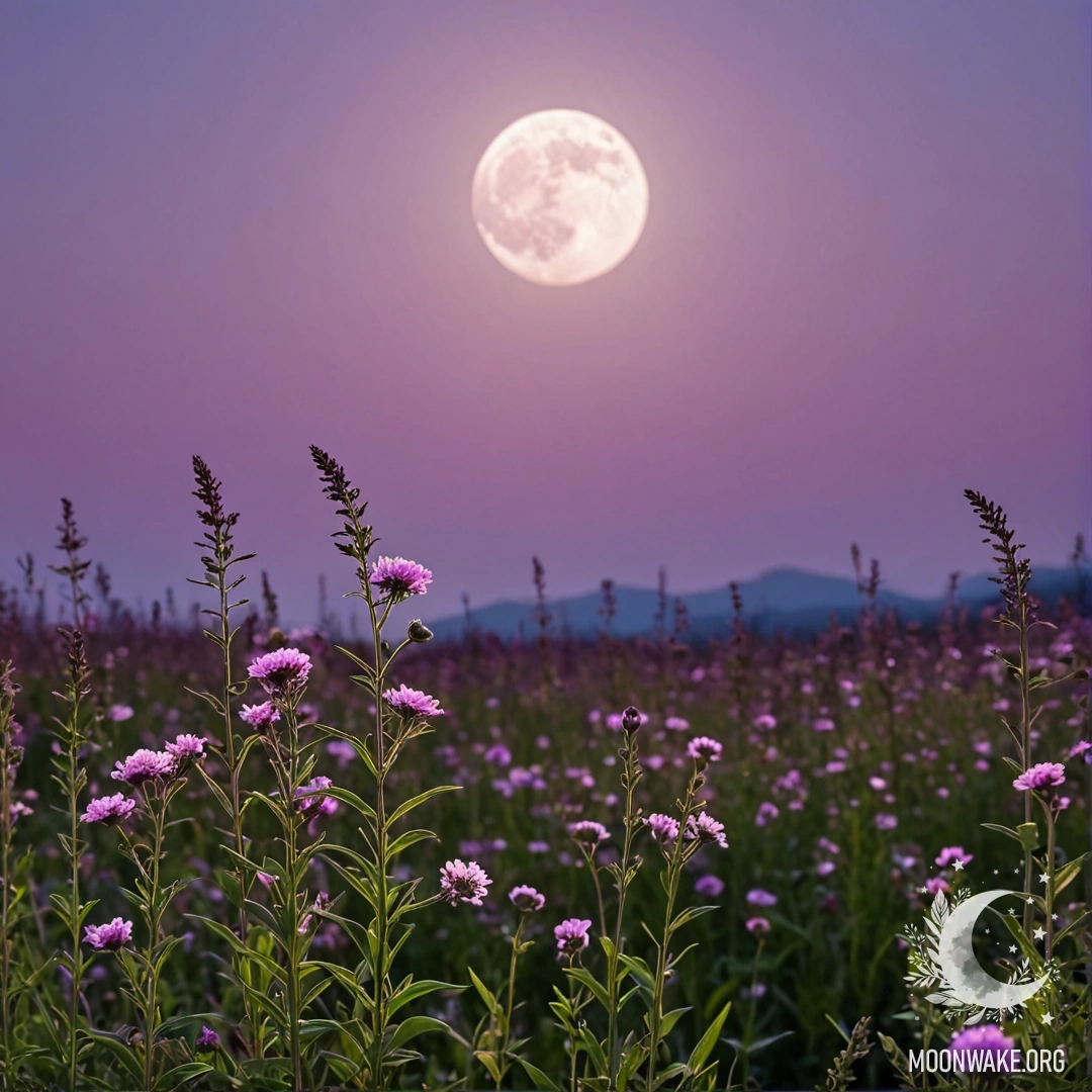 Крупный план полевых цветов на фоне розово-фиолетового ночного неба с луной.