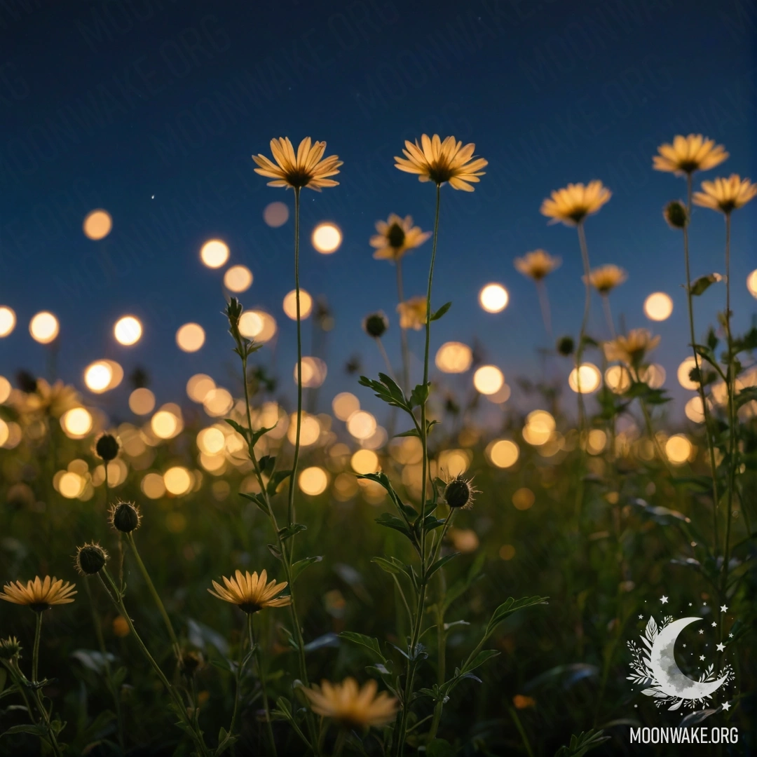 Крупный план нежных полевых цветов на фоне размытого ночного неба.