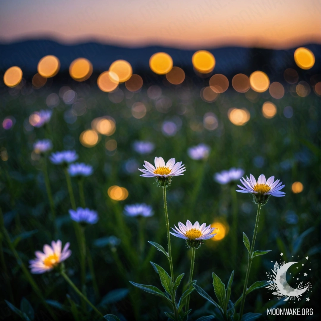 Крупный план полевых цветов на фоне размытое ночного неба, усыпанного звёздами.