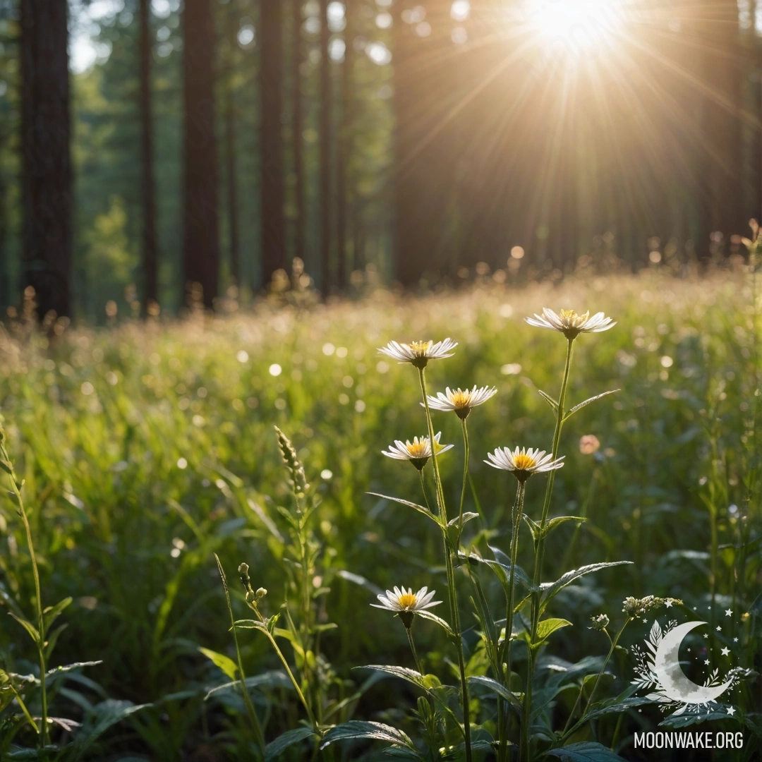 Ближайший план нежных полевых цветов на фоне размытого леса с солнечными лучами и блики от объектива.