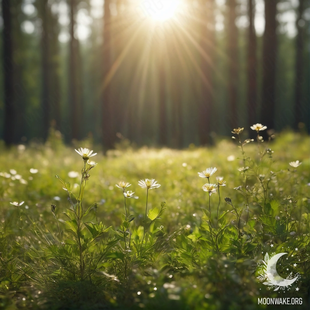 Крупный план нежных полевых цветов на фоне зелёного леса с размытыми границами и мягкими солнечными лучами, озаряющими сцену.