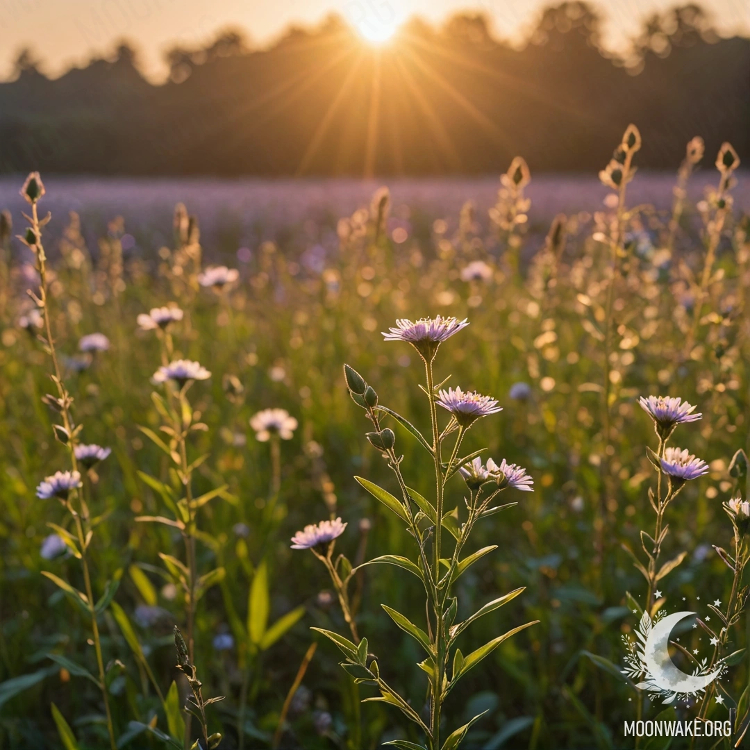 Крупный план полевых цветов в мягком фокусе на фоне заката с боке и блики света.