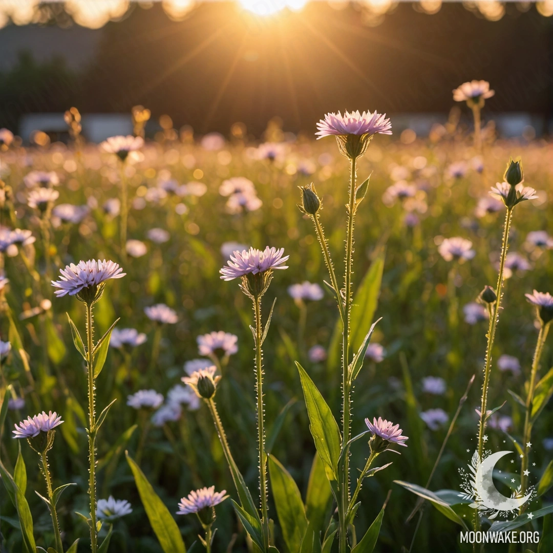 Крупный план полевых цветов на фоне размытого заката с отражениями света.
