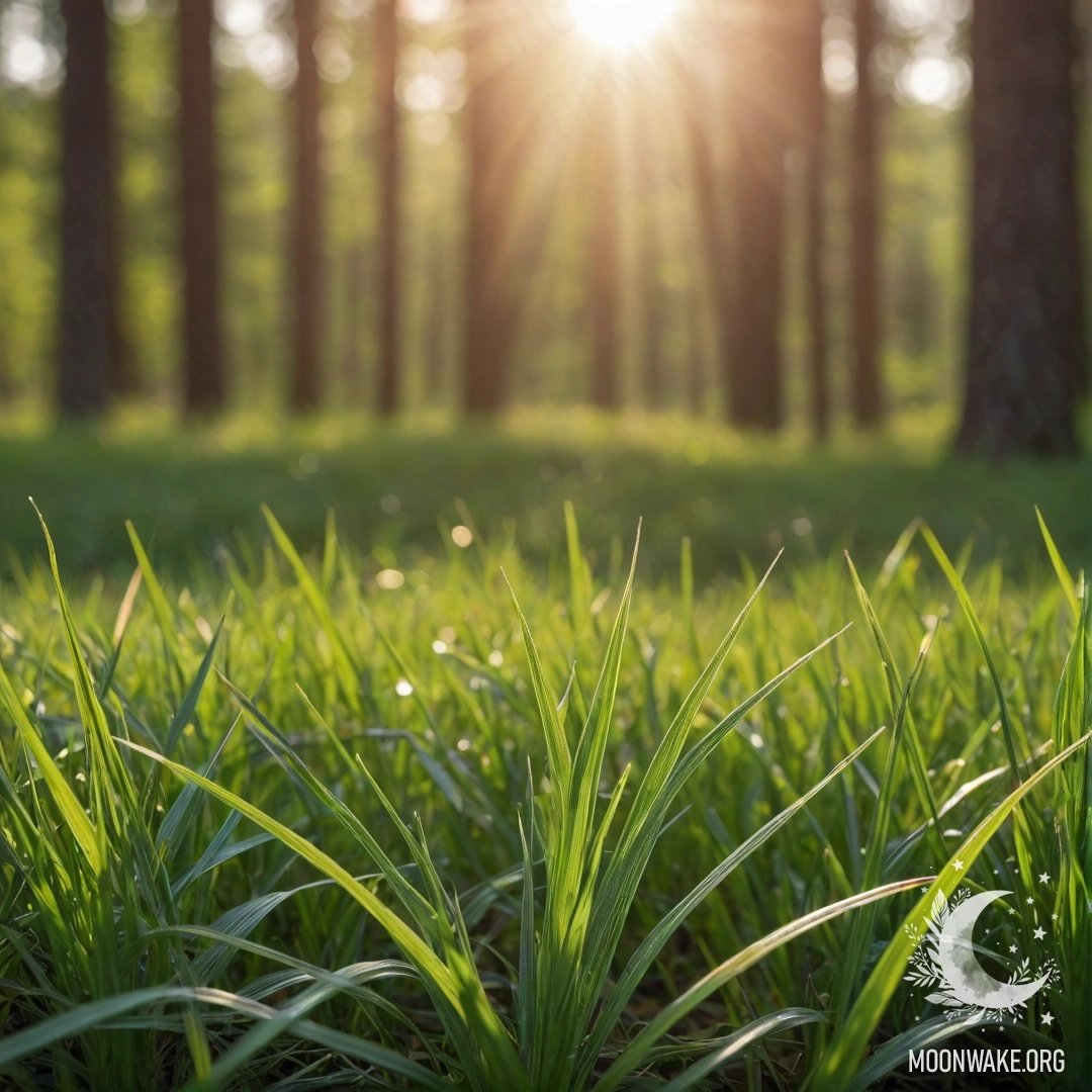 Крупный план травы на минималистичном поле, размытый фон леса с солнечными лучами.