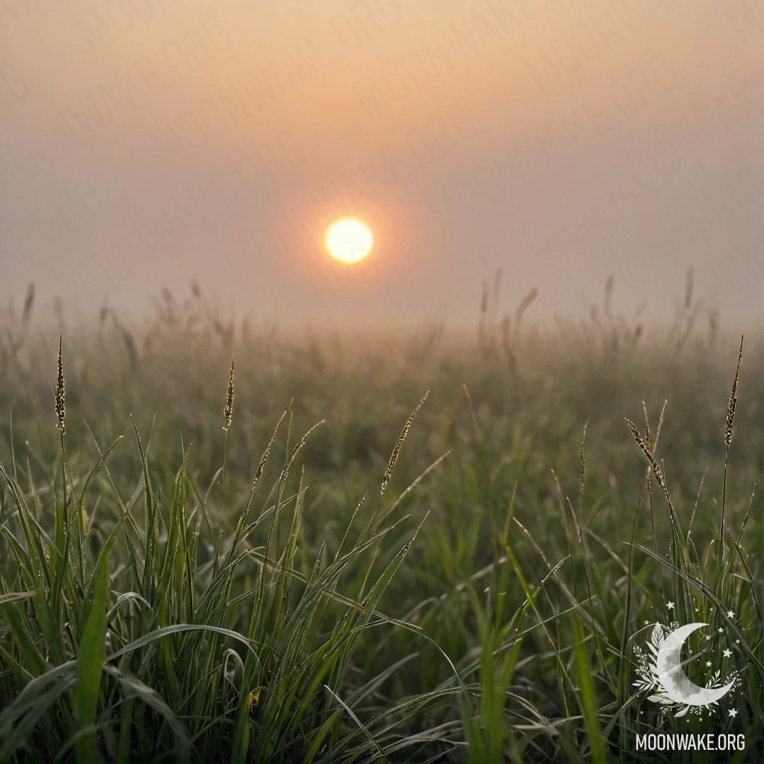 Крупный план нежной травы на фоне заката с боке, окутанной густым туманом и сильным дымом.