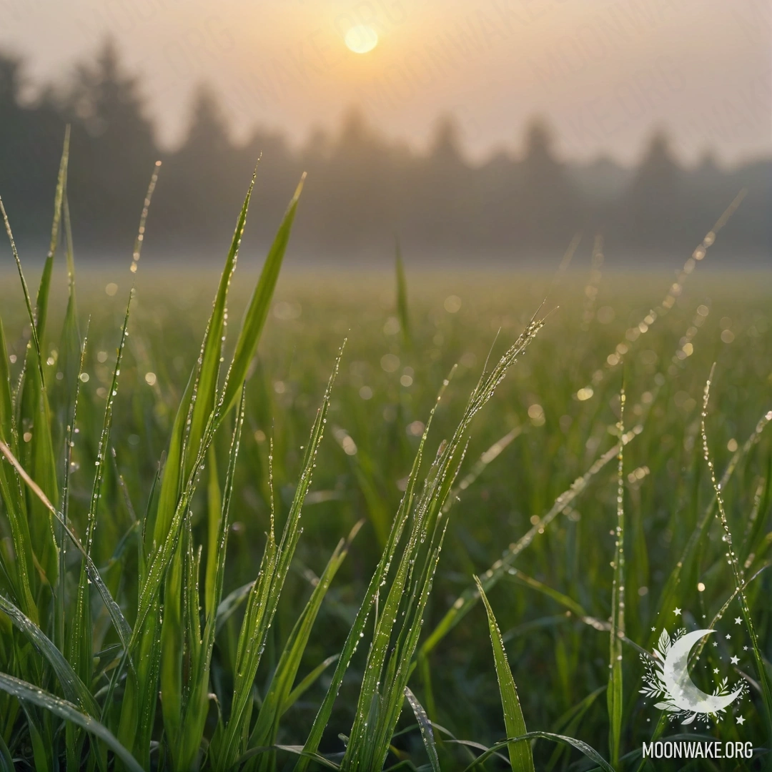 Крупный план травы на фоне размытого поля с туманом на закате во время дождя.