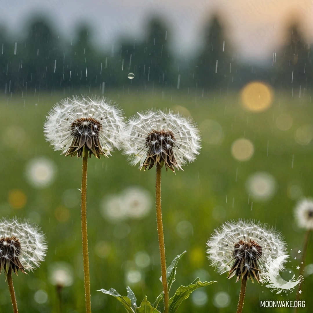 Крупный план одуванчиков на минималистичном поле на фоне размытого неба под дождем.