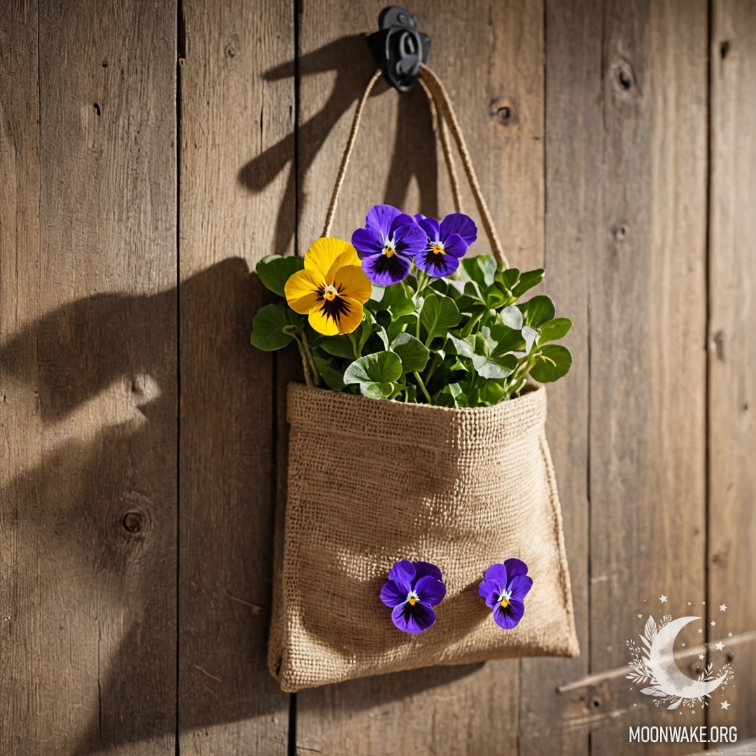 Небольшой мешочек из джутовой ткани, висящий на облезлой деревянной стене, наполненный фиалками, озаренными солнечными лучами.