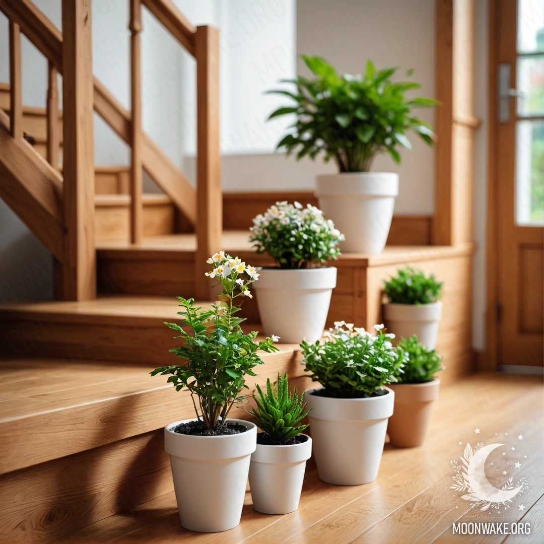 Деревянная лестница, украшенная цветочными горшками и объективом, создающая минималистичную атмосферу.