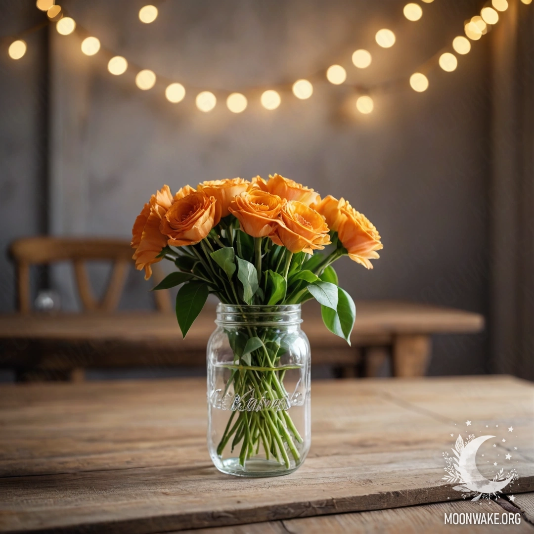 Деревянный стол с эффектом шебби и вазой с цветами на фоне лёгкой боке гирлянды.