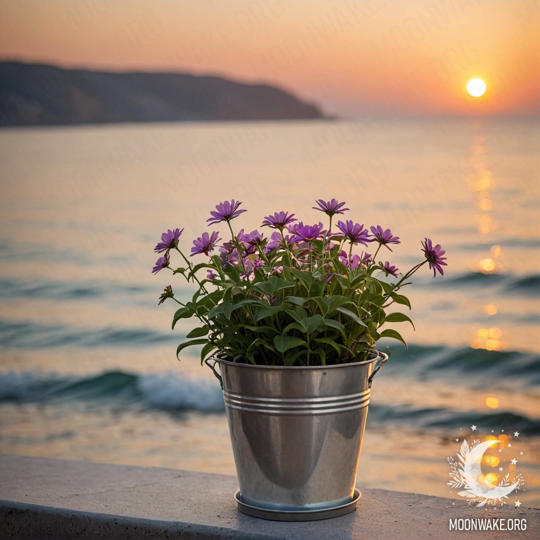 Металлический цветочный горшок в форме небольшого ведра с минималистичными цветами на фоне размытого моря при закате.