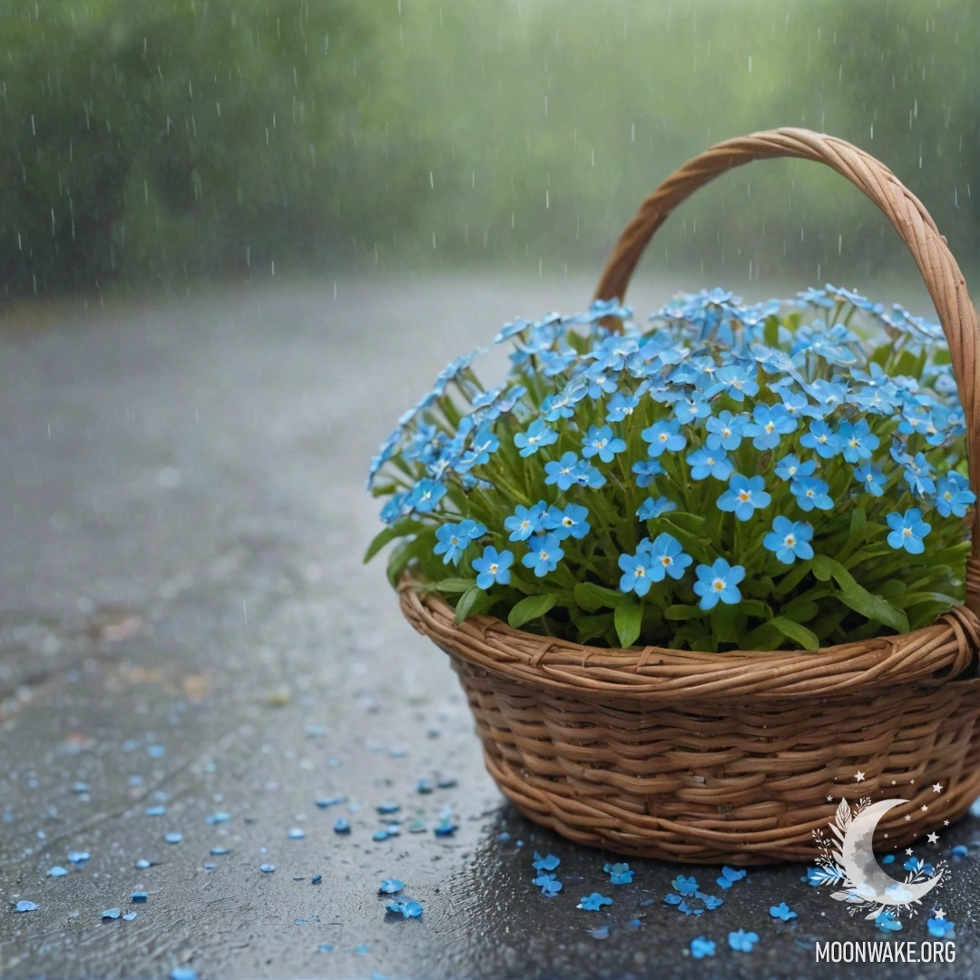 Корзина, наполненная синими незабудками, окутанными туманом под мягким дождём, с лучами солнечного света, проникающими сквозь облака.