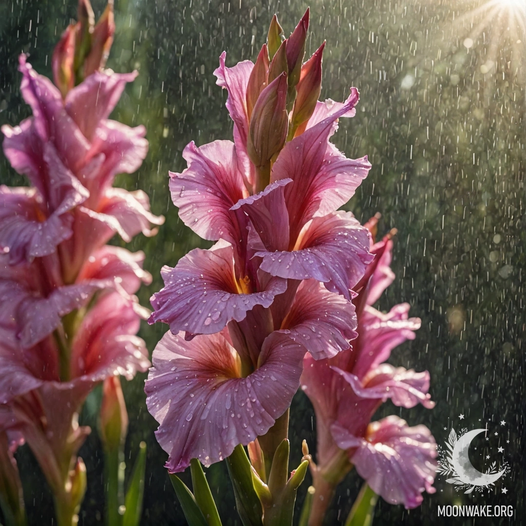 Спокойная композиция с розовыми незабудками в туманном дожде, освещёнными мягким солнечным светом.