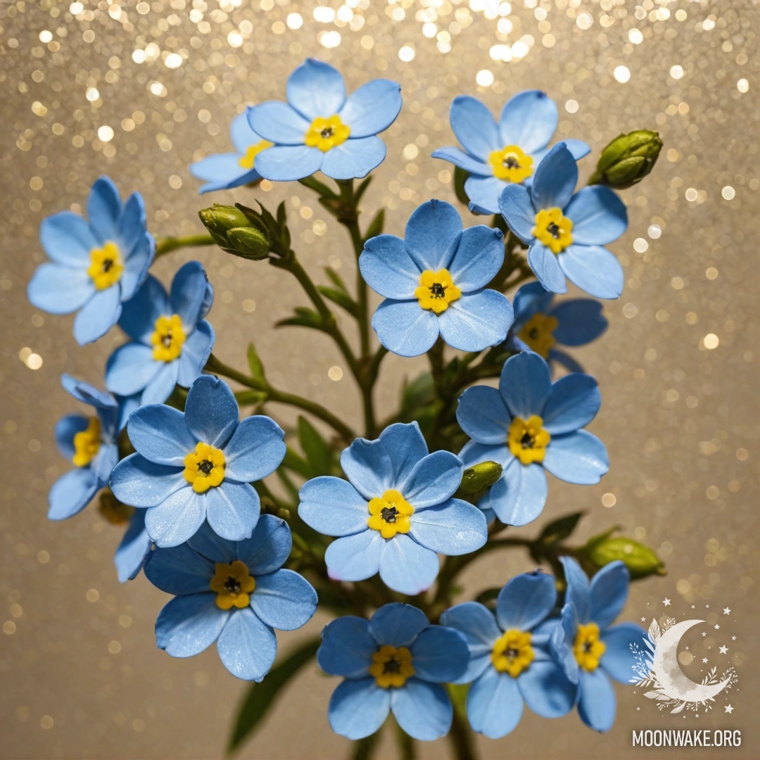 Минималистичное изображение кремово-жёлтых незабудок, украшенных блеском.