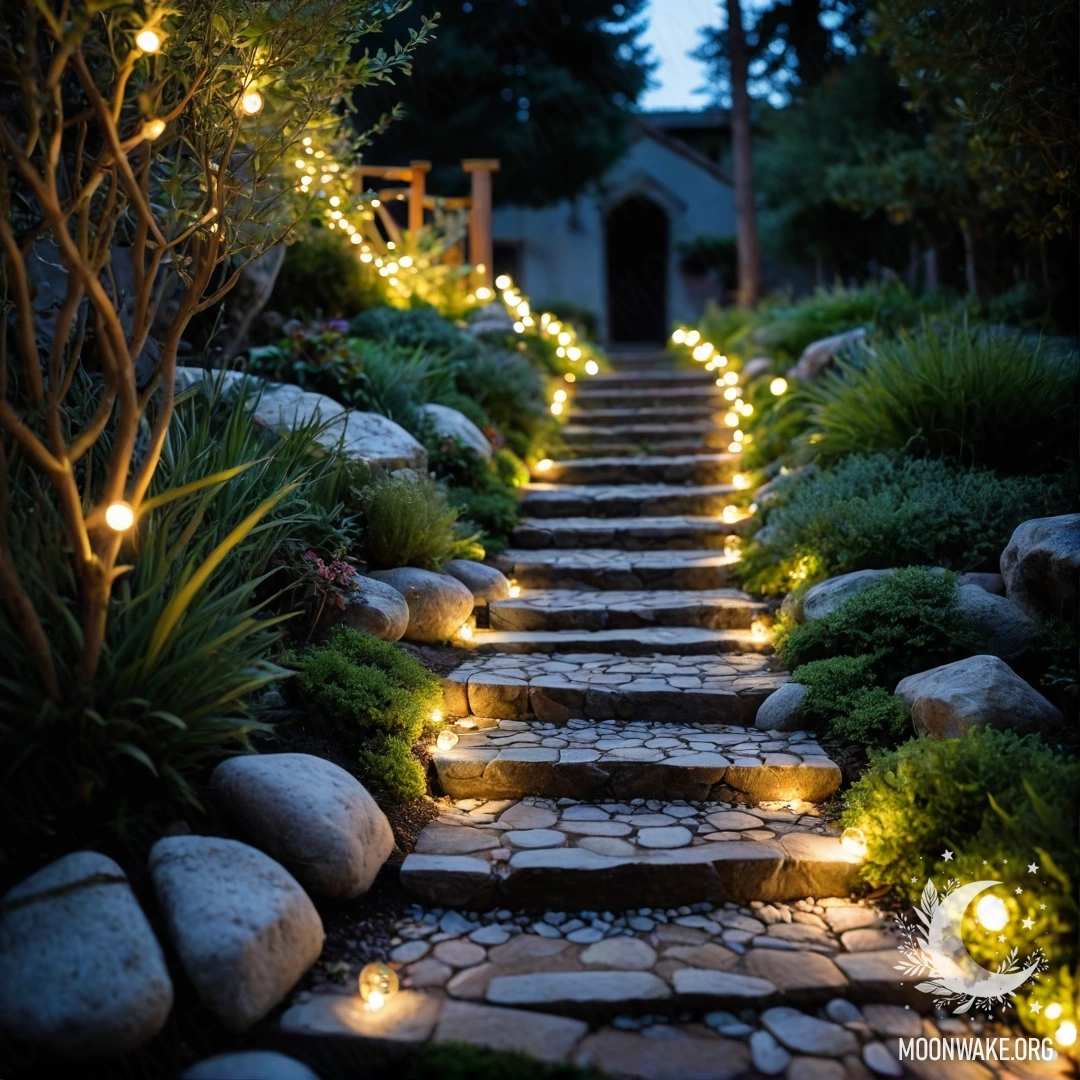 Спокойный сад, украшенный светящимися гирляндами и каменной дорожкой.
