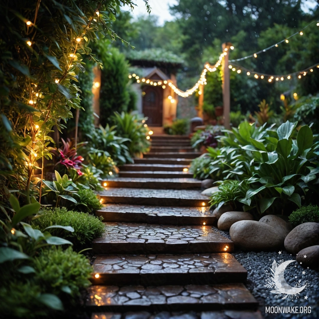 Уютная садовая дорожка из камней, украшенная световыми гирляндами и деревянной лестницей, под нежным дождем.