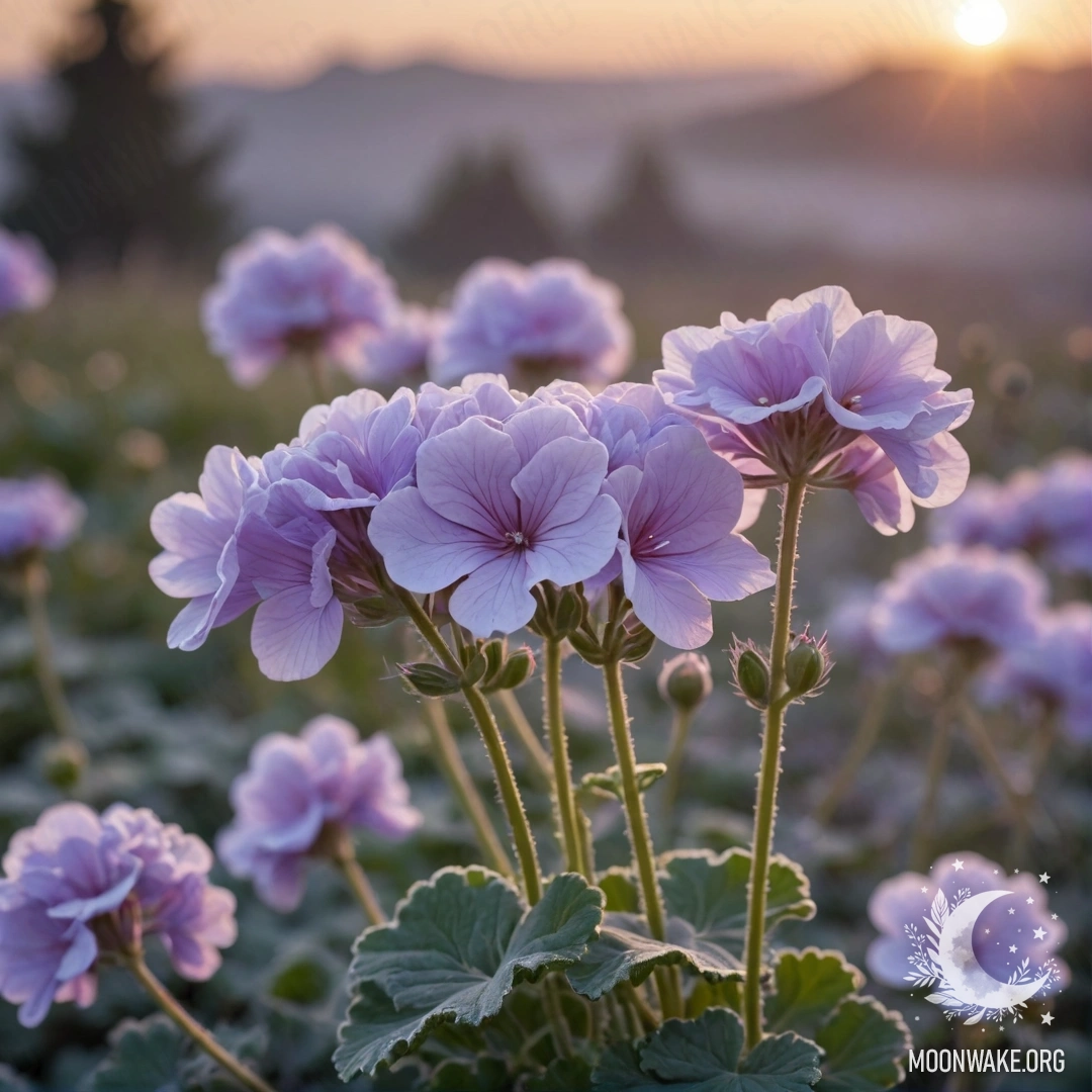 Нежный гераний в морозе, окутанный лавандовыми оттенками на закате.
